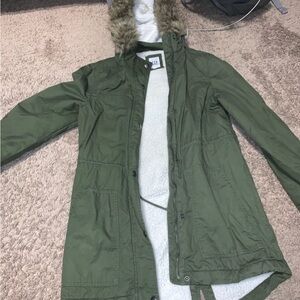 Green Utility Jacket with Hood and Weather-Resistant Finish